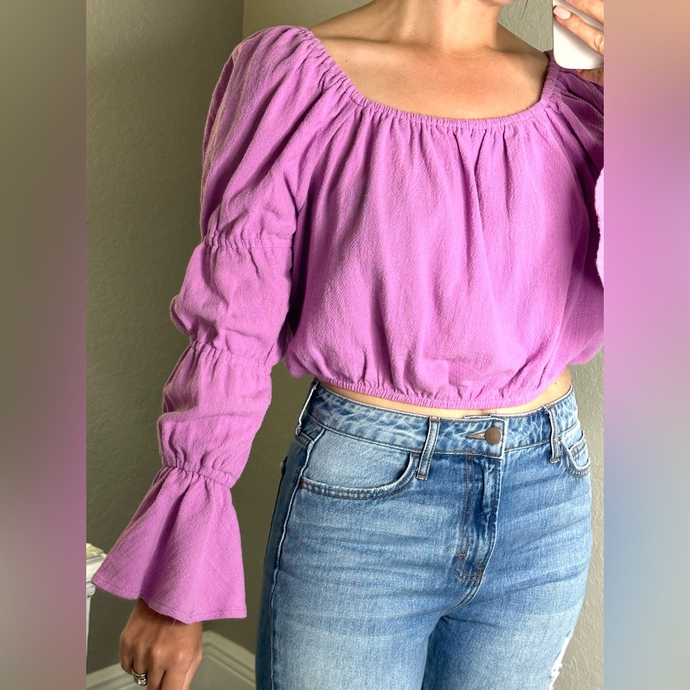 Free People women’s lavender long sleeve elastic crop peasant top size small - Picture 2 of 16